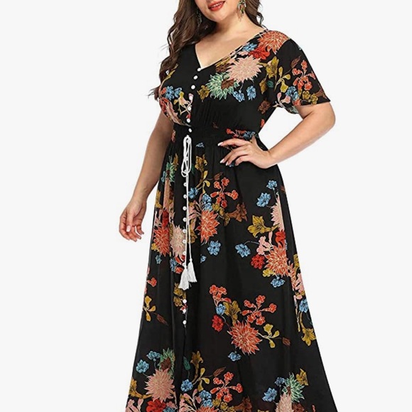 Women's Plus Size Boho Floral Print Button Up Short Sleeve Beach Maxi Dr… - Picture 3 of 4